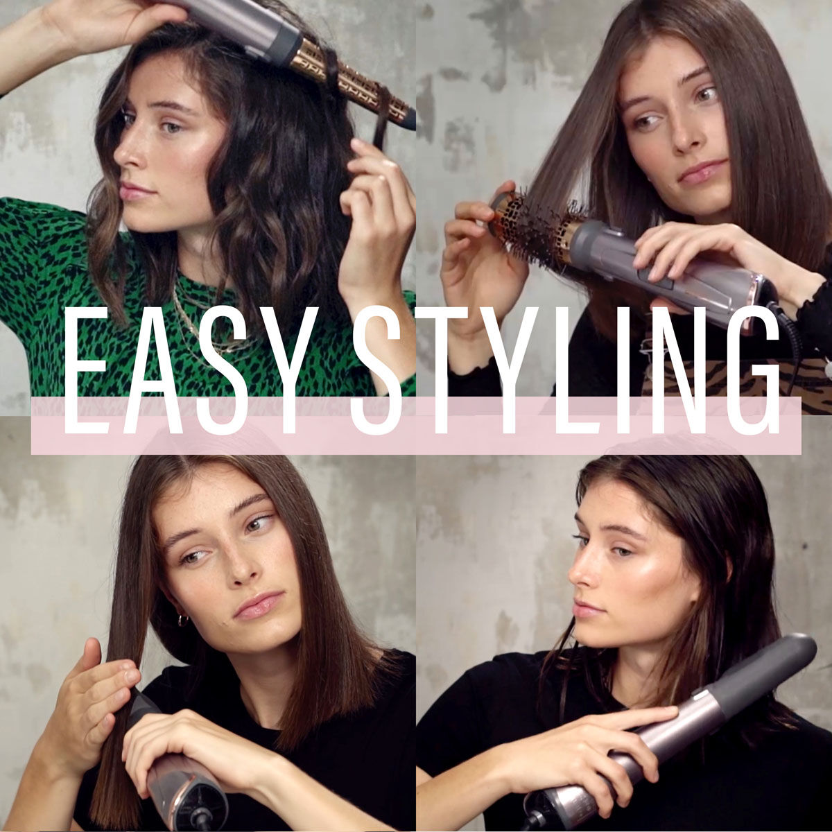 Montage showing a model using the products with the different styling attachments (curling attachment, 50mm thermal brush, paddle brush, drying nozzle)